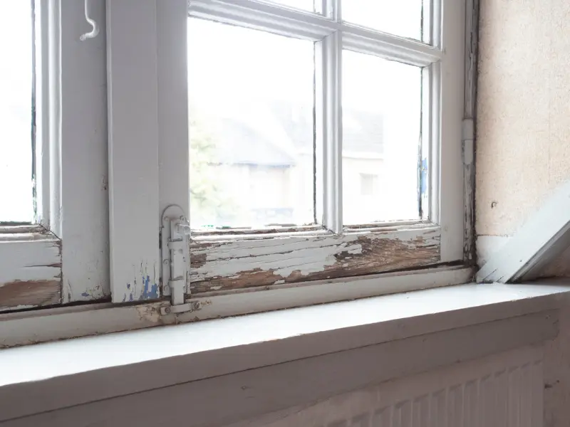 Rotting wood on window frame.