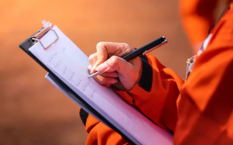Crawl space inspector following checklist.