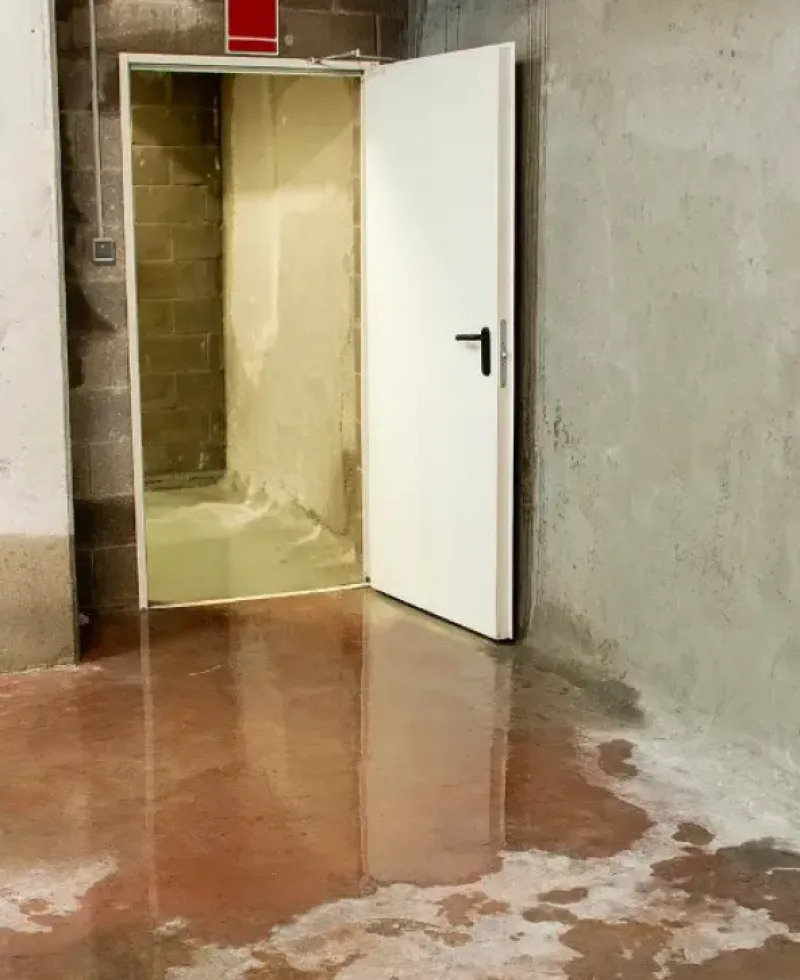 Industrial storage basement has standing water.