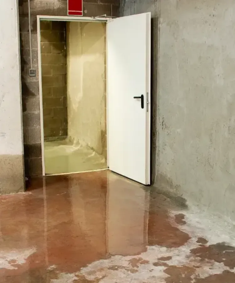 Industrial storage basement has standing water.