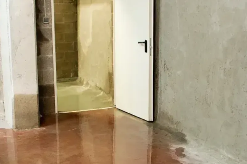 Industrial storage basement has standing water.